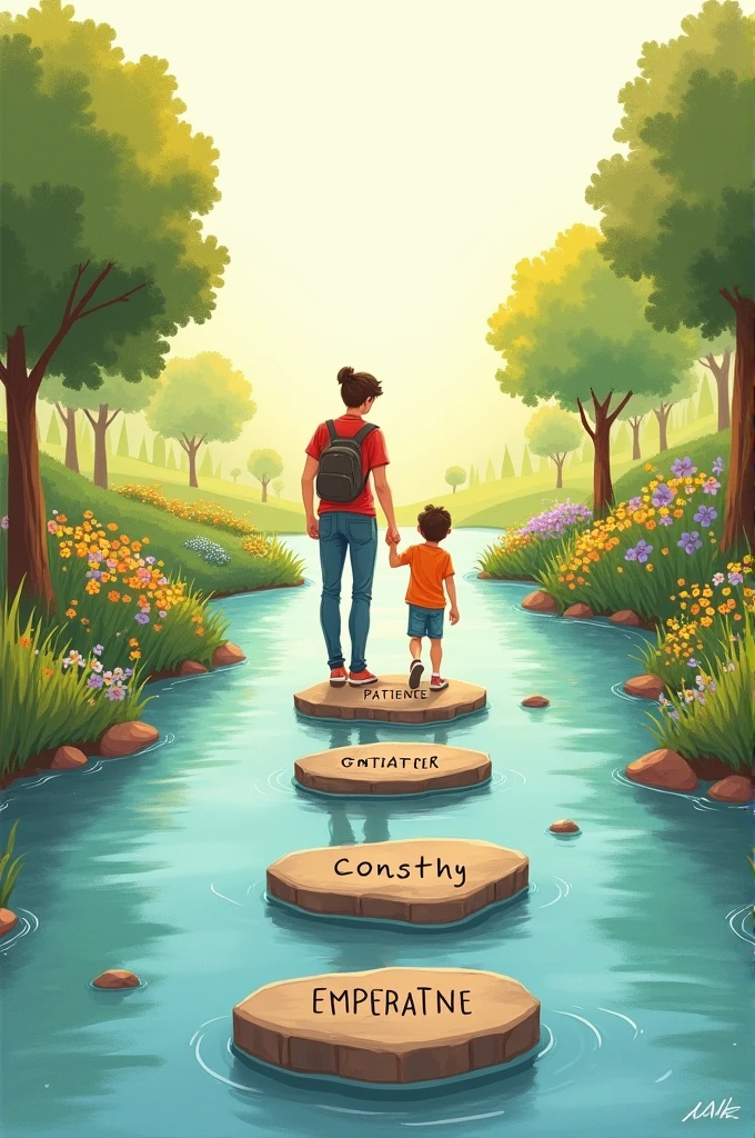 Hand-drawn illustration of stepping stones across a calm stream, labeled with values like 'patience,' 'consistency,' and 'empathy.' A parent holds a child’s hand as they step, symbolizing guidance. The setting is tranquil with trees and flowers.