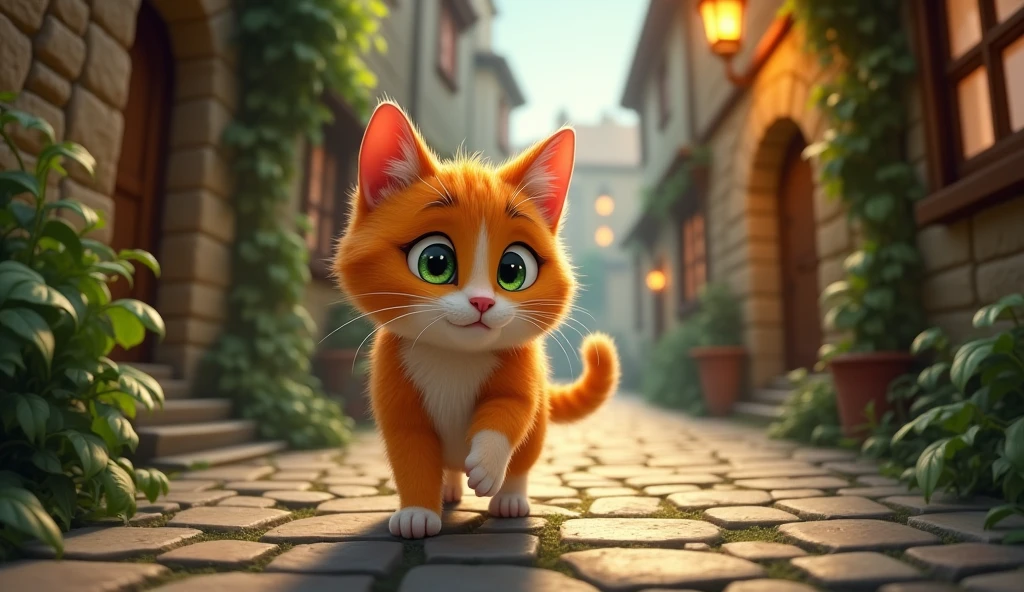 Create an image of Whiskers, the curious orange and white cat, as he ventures into an unfamiliar part of the village. Whiskers should be depicted cautiously stepping forward, his bright green eyes wide with curiosity as he surveys his new surroundings. The scene should show a slightly mysterious, yet inviting area of the village, with narrow cobblestone streets, old stone buildings, and perhaps a few overgrown plants or ivy creeping up the walls.
In the distance, there might be warm, glowing lights from windows or lanterns, hinting at the hidden secrets and charm of this new part of the village. The overall atmosphere should balance a sense of exploration and discovery, capturing Whiskers' adventurous spirit as he uncovers this hidden corner of his home.