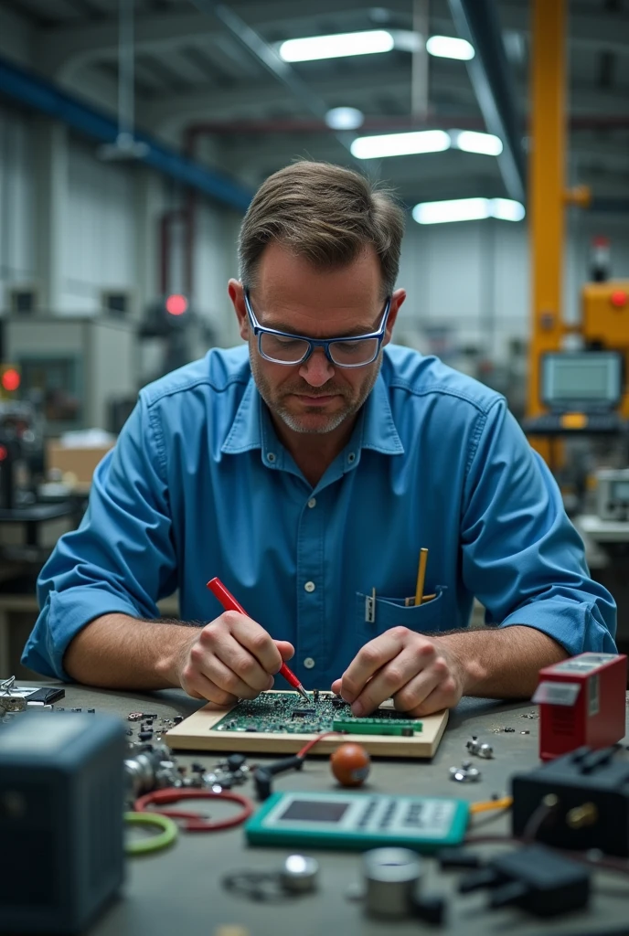 The electrical engineer is working very seriously in the factory