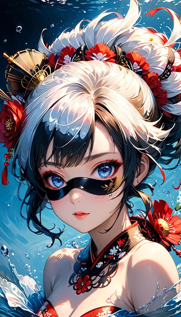 Ink painting, (((1 girl )), (((Tattoo in the middle of the forehead))), (((Oiran))), (((Great hair accessories))), Demon possession, ((Eye patch over:1.3)), (((Masterpiece、Highest image quality、Highest quality、Extremely detailed unit 8ｋWall paper))), ((Illustration of one girl、Upper body covered))、(((beautiful girl))),  girl swimming underwater, Very detailed presentation style, It shines, Red Rose, light blue, brushwork, Ultra Realistic Oil Painting, Bright eyes, Head up close, Exaggerated perspective, Tyndall effect, drop of water, rainbow pearl, 3d white, black background,