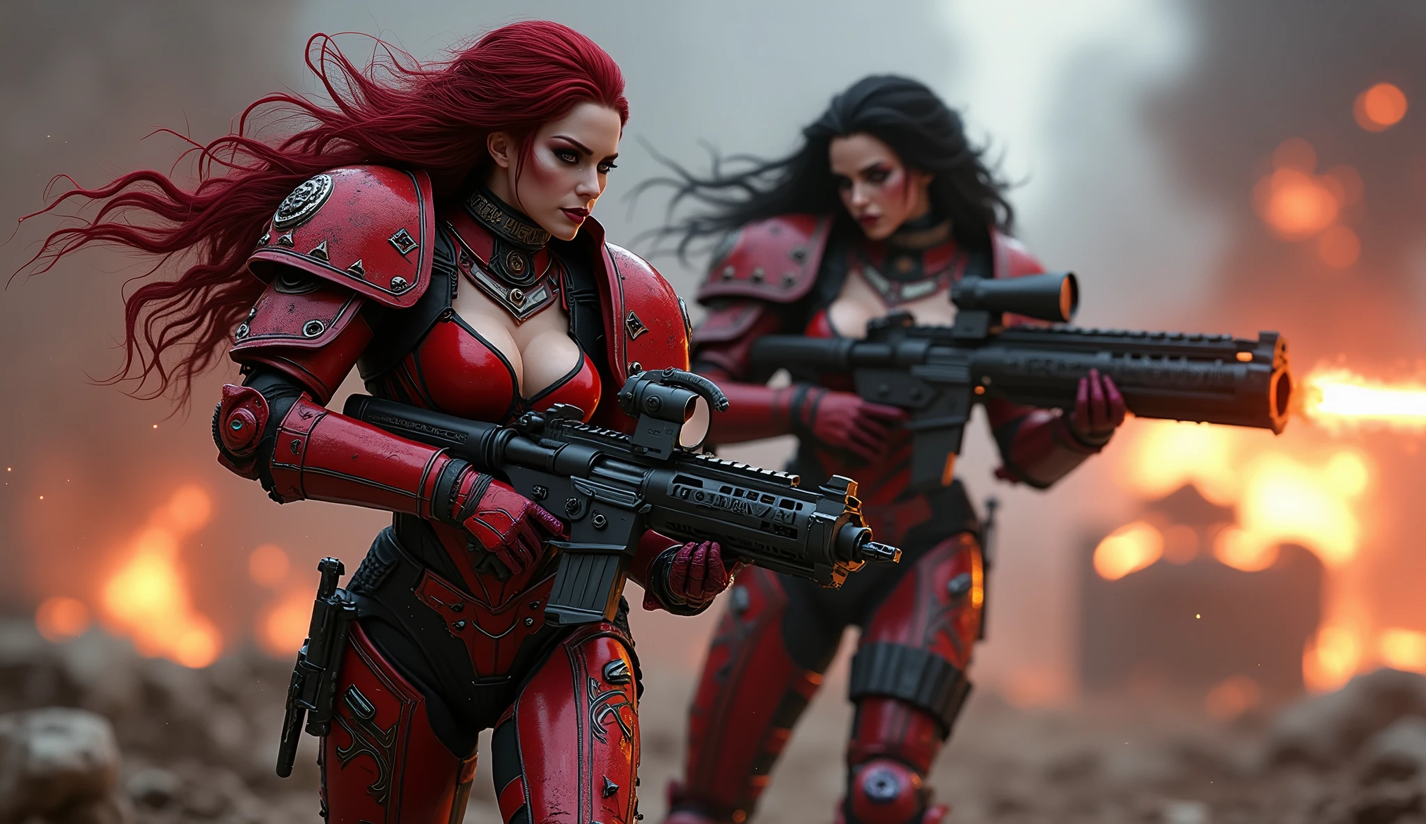 Full body pose sexy sisters of battle from the warhammer 40k, shooting at the enemy, red space marine armor with intricate details, black space marine armor with intricate details, symbols on the armor, sisters of battle, warhammer 40k, Massive exposed silicone breast, pale skin, seductive, temptation, eat your soul, clevage, long red flowing hair, long black flowing hair with purple highlights, heavy gothic makeup, at night, neon, beautiful detailed eyes, beautiful detailed lips, extremely detailed eyes and face, long eyelashes, highly detailed armor, intricate futuristic weaponry, dramatic lighting, cinematic composition, muted color palette, gritty and realistic, mecha, science fiction, hyper-detailed, photorealistic, award winning digital art, 8k, HDR, masters work, in the middle of a battle field, full body combat action pose, explosions and fire around, full war, stunning, Stilleto heels, high heels, full body pose, cinematic, movie trailer, final stand!, nemesis, ready to strike, dust and debree, combat screams, attacking, shooting at the enemy, running forward, last line of defense, charging, fanatic, religious, templar knights, sisters of battle, warhammer 40k, shooting at the enemy, bimbo gigantic exposed breast, jetpacks, space marine, stilleto heels, cinematic light, cameltoe pussy, beautiful pussy, wet pussy, wet body, oiled body, gigantic exposed breast, shooting at the enemy
