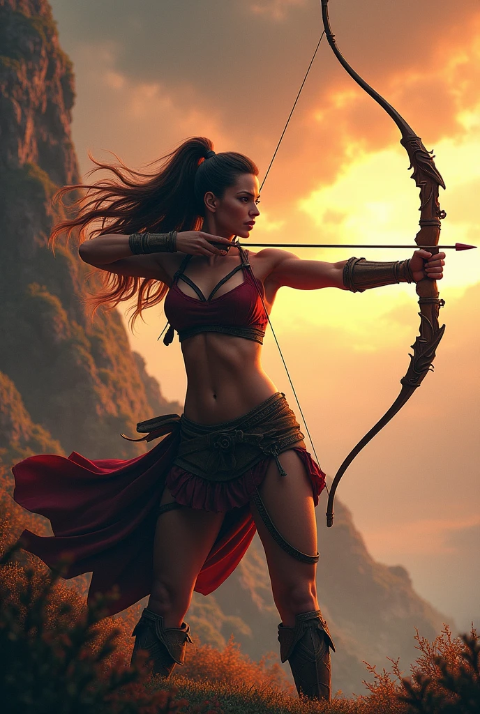 ((1 girl, dynamic archer posture, detailed bow and arrow stance:1.5)), intricate arch, dramatic movement, Attractive silhouette, Flying hair, intense focus, Muscular Physique, textura de pele realista, high qualiy, 8k, cinematic lighting, dramatic shadows, warm color tones, swirly vibrant colors, fantasy landscape background, lush vegetation, rocky cliff, dramatic sky, dynamic action, striking composition, work of art, photorrealistic, hyper detailled,breasts bare, barebody 