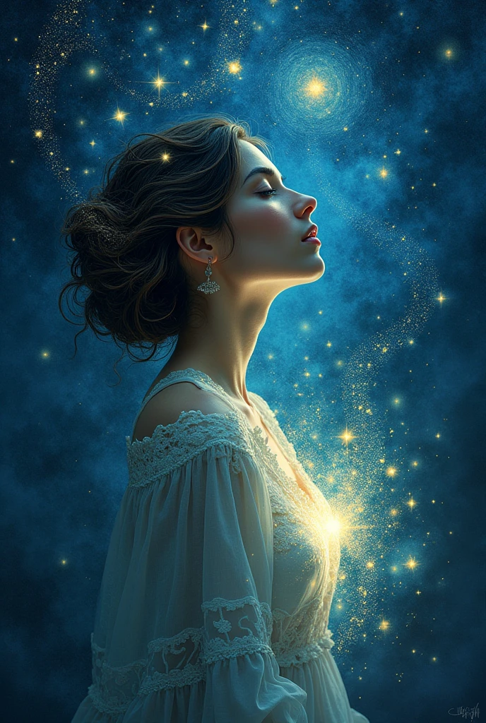 Night with stars like Van Gogh art  woman envolved in her own light, with the sentence It&#39;s easy to be one more in the dark.
The difficult thing is to be one in the true light