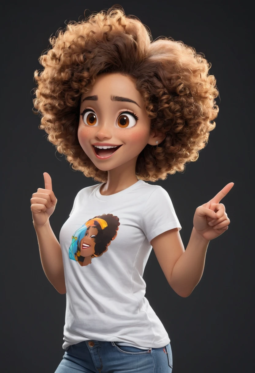 woman (((Afro latin, LIGHT curly HAIR, light brown hair, brown eyes))), front, (((pointing to left side))), pointing, ((with the left hand pointing with the finger)) (((happy expression))), ((white t-shirt)), (((black background, black background color))) ((pixar style)), (((looking down)))