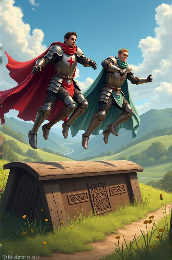Create an image of Sir Gareth and Sir Galahad jumping over a barrier together during the obstacle course