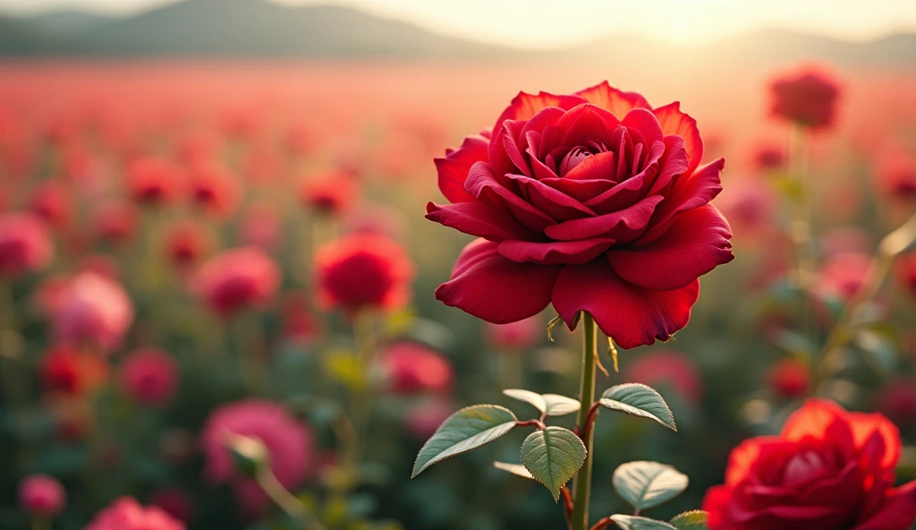 2024; (masterpiece, best quality) red rose in the foreground; field of flowers