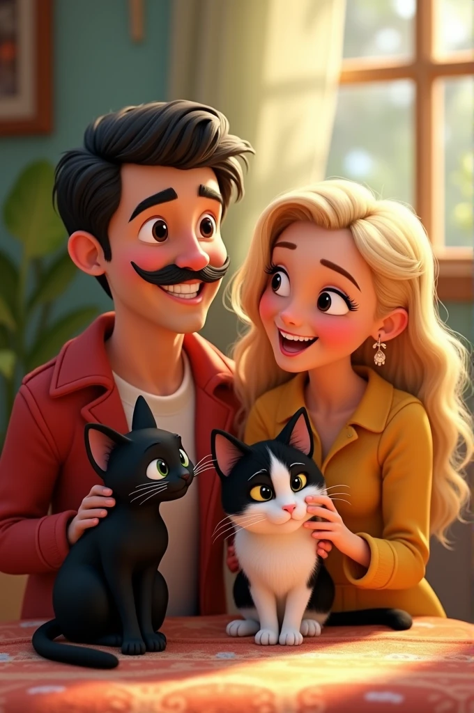 A Disney Pixar style image of a couple of a dark-haired man with a mustache, A blonde woman, a black cat and a black and white cat