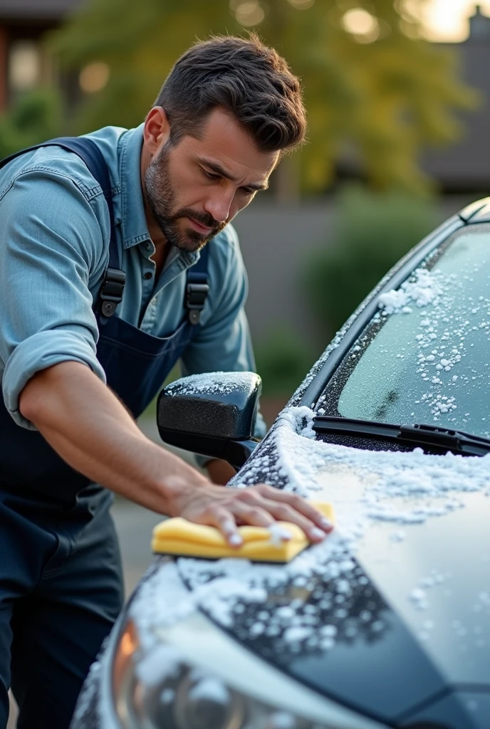 make the man washing a car
and car covered with car soap
and make the picture zoom out little bit