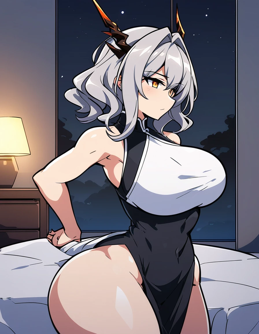 Talulah(Arknights),grey hair,dragon horn,curvy body,fit figure,wearing clothes(Muslim attire),bedroom, night setting, blackout hour,close view,very nsfw, uncensored,((hentai art style)),