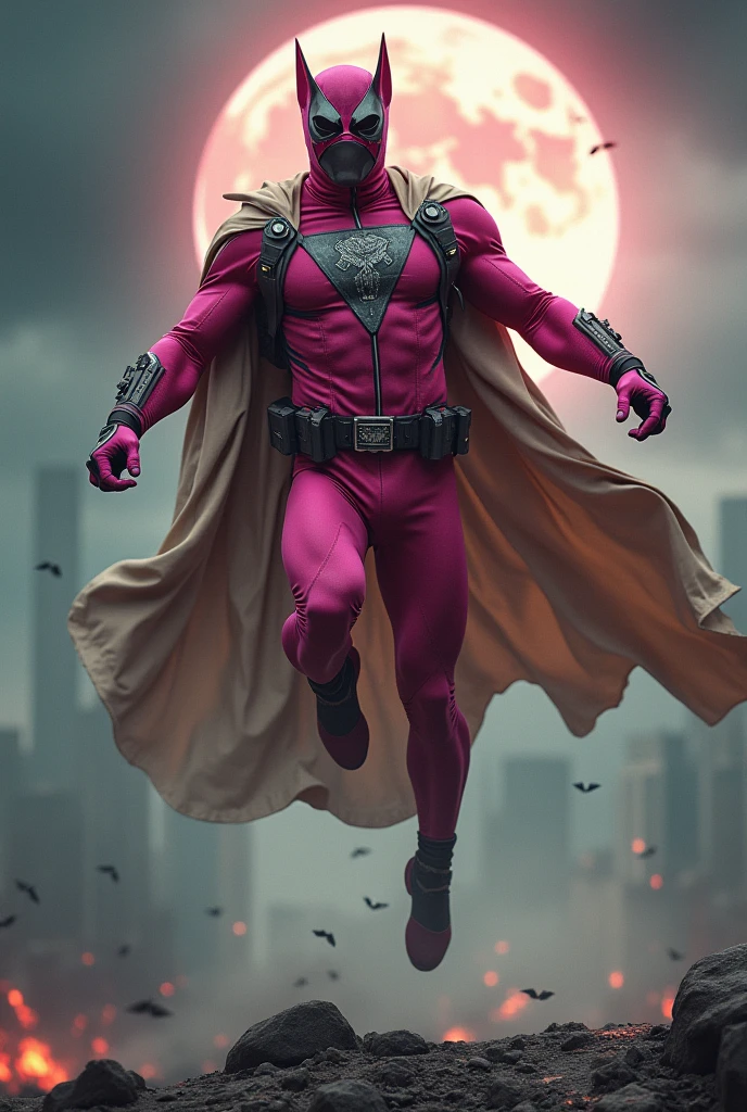 Malaysia man in high-tech suit, vivid effects, malaysian superhero(( (KELUANG MAN)) in a striking pink and brown beige costume cyberpunk design((, mask small mini bat ear beige,)) daredevil beige mask, jumpsuit dark pink stands confidently in a dramatic.jumping from high place.hero costume.one hand rise up. (Big triangle logo on the chest.high detail Punisher logo on the chest)). jumping from hight place. Fighting pose , stormy landscape. ((Head covered node guard like batman. Running pose , athletic body type, small mini ear bat mask))The character wears domino mask a helmet with pointed mini torn ears and a flowing cape biege, open nose and mouth. Equipped with visible futuristic weapons on a belt,bullet proof jacket pink dark day.show fingers pose, dark night, big supermoon effect . Small logo on chest triangle shape small ((mitch gerads punisher ))logo center triangle cyber logo center on chest pink logo mini logo . rocky. Building top.smoke ground , bomb effect background, losse pants, losses costume.adding to --ar 3:4 --style raw --stylize 500 --v 6.1. chaos. Lot of small flying bat. One leg on the high stone. Man. Backpack . Real man age 40 year old. One hand holding belt. Jump from high place. Open cape.