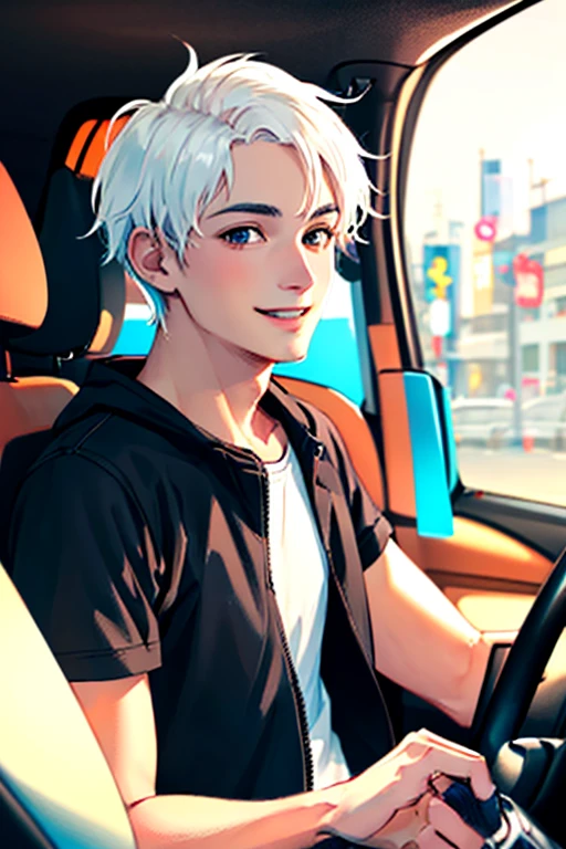 ((masterpiece)), (((best quality))), chromatic lighting,
colorized, white + black limited color palette, 
detailed concept drawing,
Driving a car, Shibuya street fashion, no weird object on his face,
portrait, 25yo 1guy, slender, short white hair, black eyes, smiling