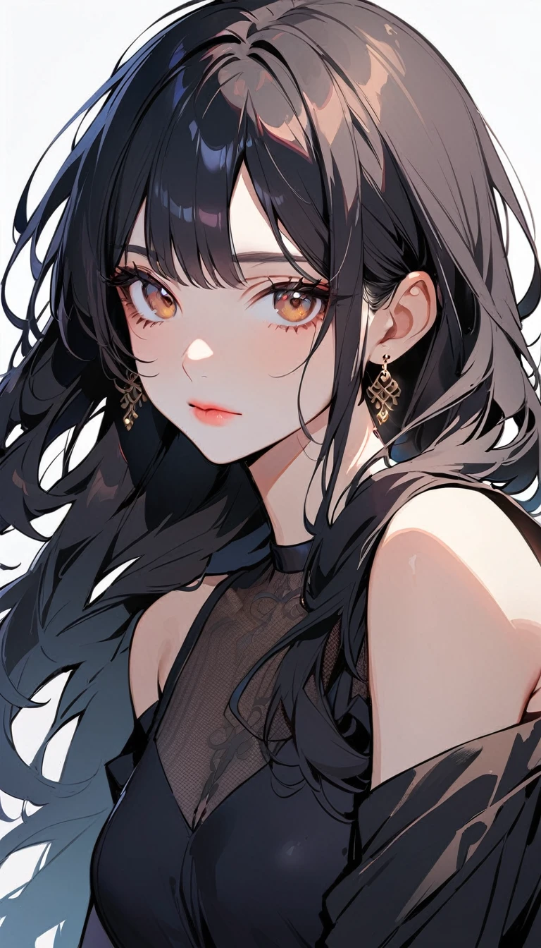 1girl, solo, long hair, black hair, brown eyes, wearing a simple black dress, sleeveless, looking at viewer, light pink lips, upper body, closed mouth, shirt, earrings, white background