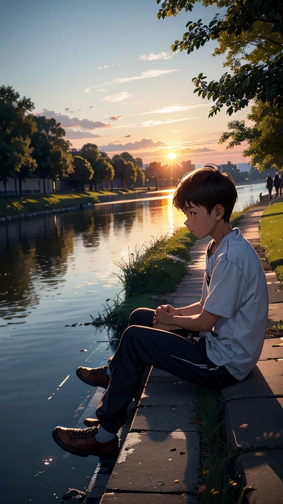 A boy watching the sunset on the bank,student