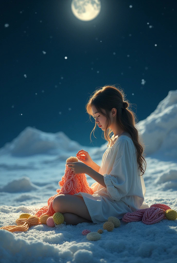 A girl crocheting on the moon