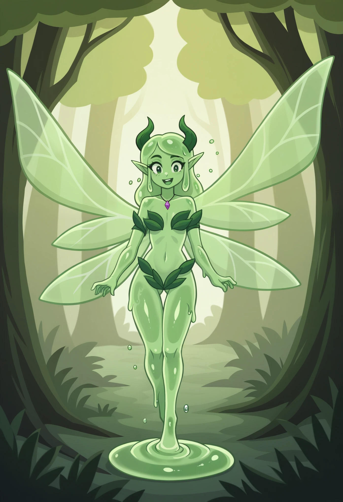 Laura, the slime-gal, retains her gelatinous, translucent green body, with her liquid form subtly shifting and dripping as she moves. Her hair is still a flowing, semi-liquid mass, but it now frames a pair of delicate, fairy-like wings that sprout from her back. These wings are made of a thin, transparent slime that shimmers with a faint, greenish glow, reminiscent of the ethereal light of a fairy. They flutter gently, leaving a trail of tiny, sparkling droplets in the air.

Laura's new dragon-like horns curve gracefully from her head, appearing as if they are sculpted from the same slimy substance as her body, with a darker, more solidified green at their tips. These horns add a mystical aura to her appearance, their drippy texture making them blend seamlessly with her fluid form.

Her ears have transformed into elongated, elf-like shapes, tapering to fine points. The slime of her ears is slightly more solidified, giving them a more defined shape while still maintaining the smooth, flexible texture of her overall biology.

As for her attire, Laura now wears the intricate, nature-themed clothing of the second character. Her top and bottoms are made of a darker, almost forest-green slime that clings to her form, adorned with delicate, vine-like patterns. The straps and details of her outfit appear as if they were crafted from living plants, merging seamlessly with her liquid body. The accessories, including the necklace and armlets, are similarly reimagined in slime form, with tiny glowing droplets hanging from them like dew.

Overall, Laura embodies a perfect fusion of a magical fairy-dragon hybrid and a fluid, ever-changing slime entity, maintaining her drippy charm while adopting the elegant and mystical traits of her inspiration.