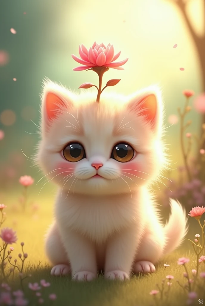 Kitten with a pink cheek sprout on its head