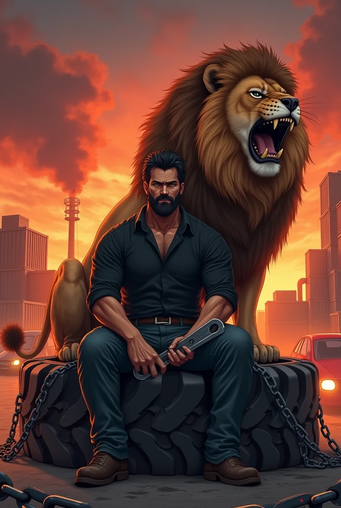 Create a anime style landscape image. Anime ,Dramatic and intense digital anime artwork featuring a man with a stern expression, sitting on a large tire with chains. He has a medium skin tone, a thick beard, and tousled dark hair. He is dressed in a dark shirt and jeans, holding a large wrench. Behind him, there is a roaring lion with a majestic mane, adding to the fierce atmosphere. The background is filled with an orange and red fiery glow, with industrial elements like containers and a car with headlights on. The overall composition is dynamic and powerful, emphasizing strength and determination.