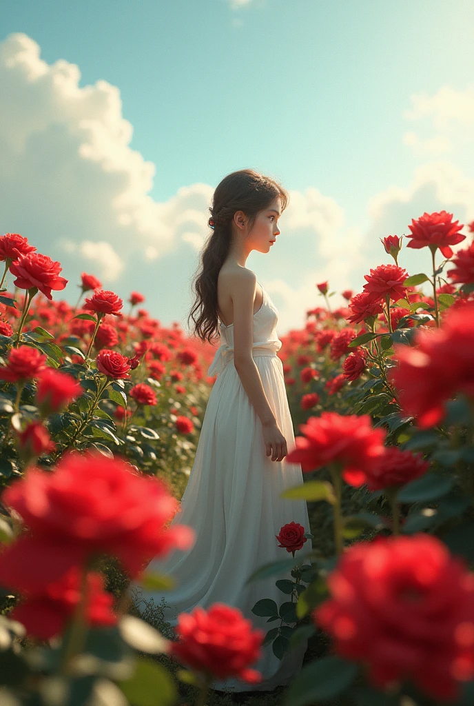 Create an image of a girl in a field of roses