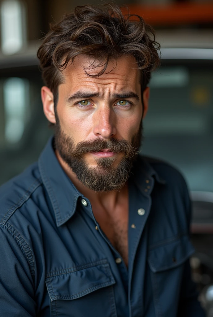 Create a realistic photo, Typical Spanish man with a beard and mustache,
very handsome man with a charming and deep look, green eyes, brown hair,
((full body)) hyper realistic photos, dressed in mechanic's outfit, repairing a car, background image: a car, head to toe, full body, hyper realistic photo