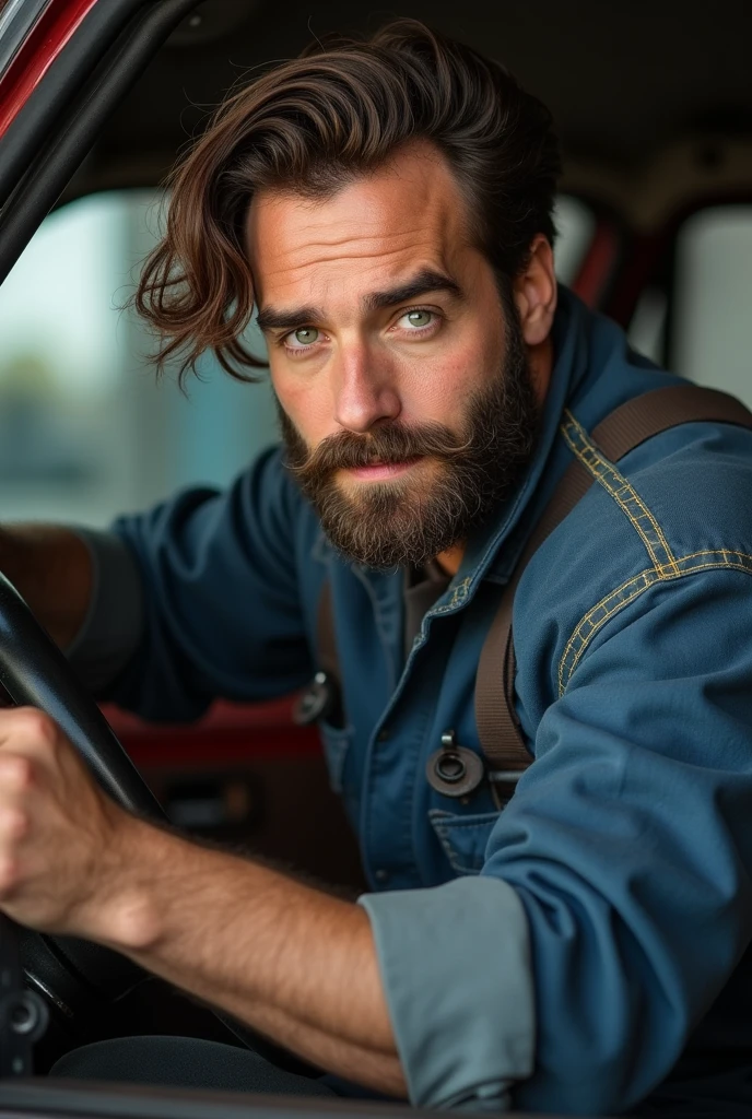 Create a realistic photo, Typical Spanish man with a beard and mustache,
very handsome man with a charming and deep look, green eyes, brown hair,
((full body)) hyper realistic photos, dressed in mechanic's outfit, repairing a car, background image: a car, head to toe, full body, hyper realistic photo