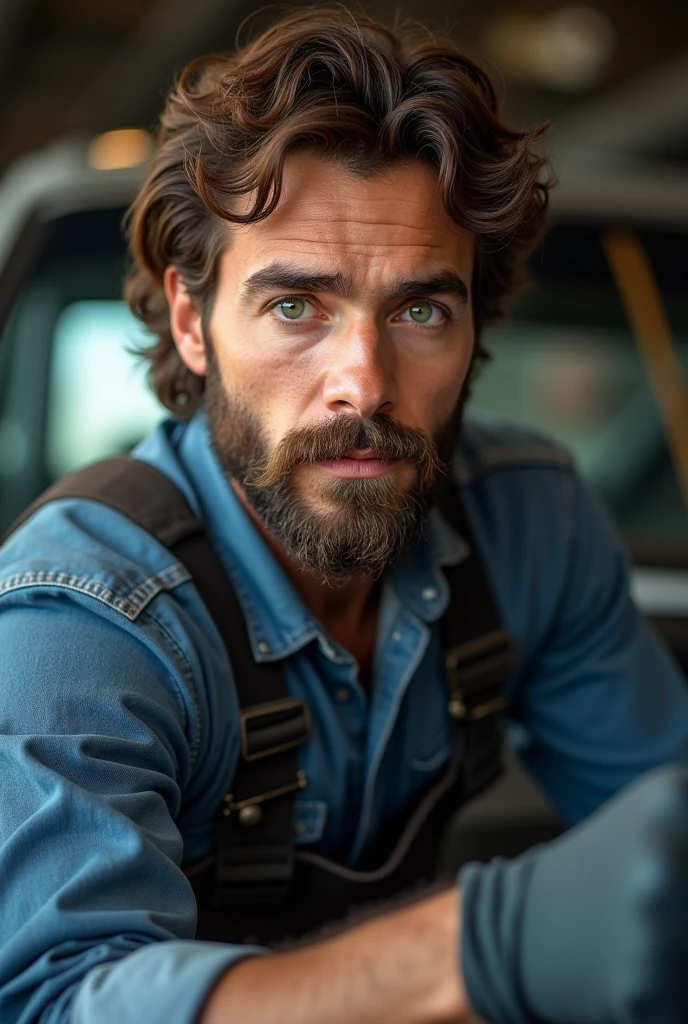 Create a realistic photo, Typical Spanish man with a beard and mustache,
 very handsome man with a charming and deep look, green eyes, brown hair,
 ((full body)) hyper realistic photos, dressed in mechanic's outfit, repairing a car, background image: a car, head to toe, full body, hyper realistic photo