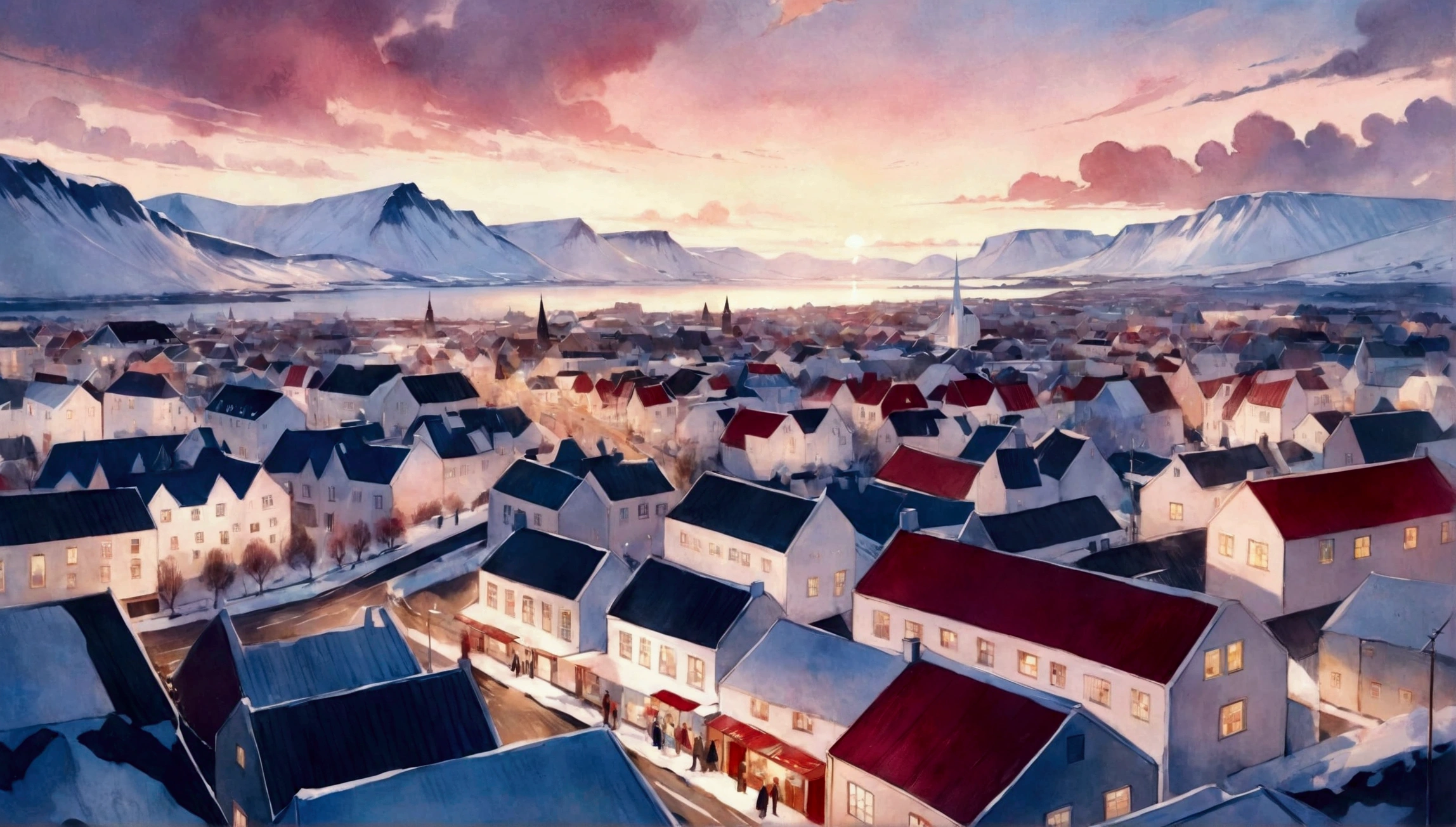 Antique oil painting in the style of Vincent Van Gogh, Zenithal view from above, pink vanilla sky, View of Arafed of a city with a mountain in the background, Reykjavík, Iceland hills in the background, Iceland, white buildings with red roofs, remote Icelandic village, mountains and a huge ancient city, Reykjavík junior college, Iceland landscape, an Icelandic landscape, Iceland photography, City in the background, Icelandic landscape, por Hallsteinn Sigurðsson, at Christmas time, de fondo un esplendoroso sol en un gran pink vanilla sky