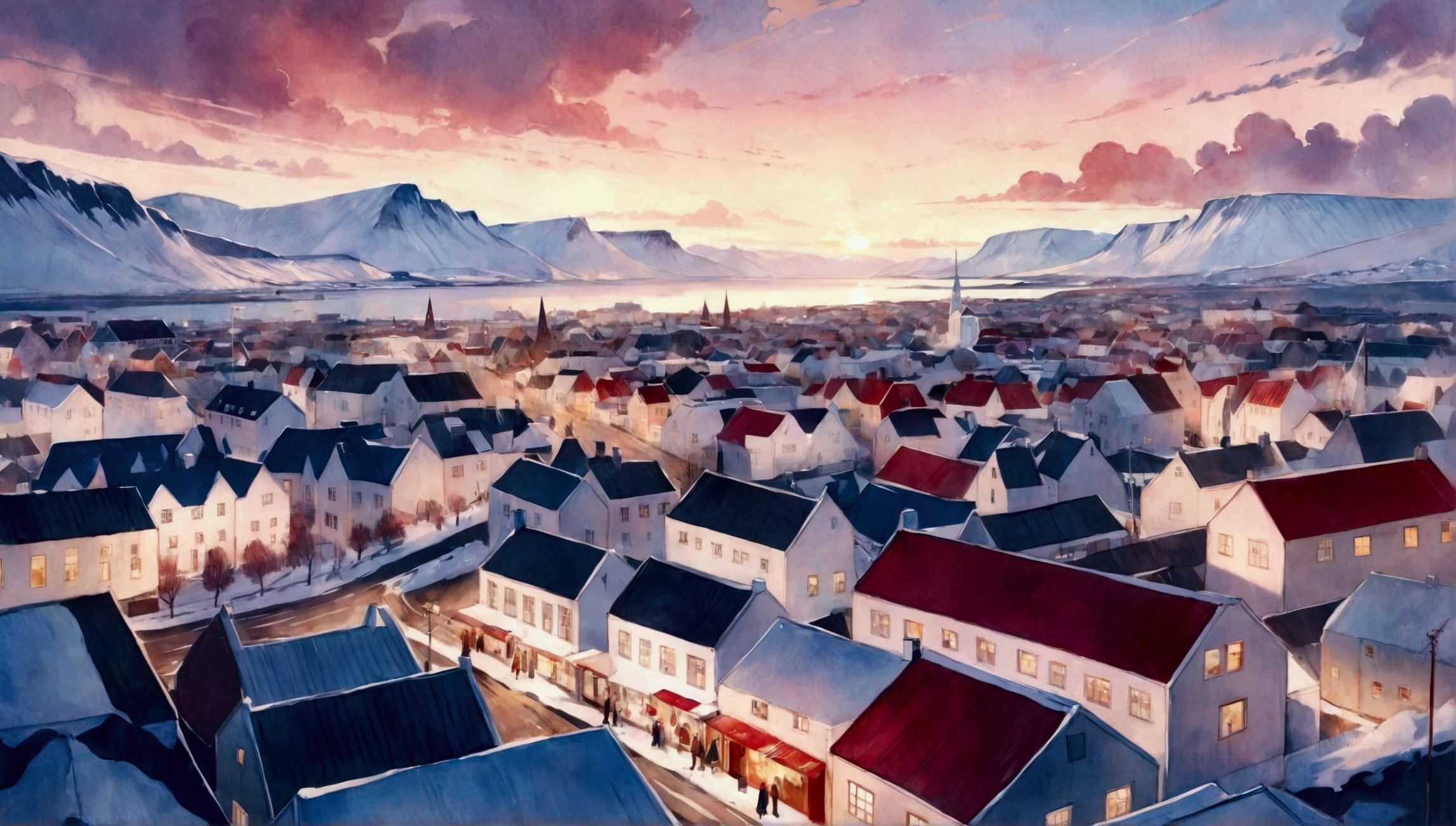 Antique oil painting in the style of Vincent Van Gogh, Zenithal view from above, pink vanilla sky, View of Arafed of a city with a mountain in the background, Reykjavík, Iceland hills in the background, Iceland, white buildings with red roofs, remote Icelandic village, mountains and a huge ancient city, Reykjavík junior college, Iceland landscape, an Icelandic landscape, Iceland photography, City in the background, Icelandic landscape, por Hallsteinn Sigurðsson, at Christmas time, de fondo un esplendoroso sol en un gran pink vanilla sky