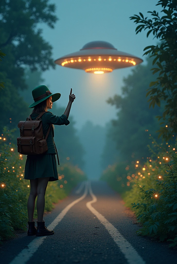 A road with lots of vegetation, a female traveler with a backpack on her back and a leprechaun hat, levantando el dedo pulgar 👍🏼 pidiendo un aventon a un ovni en el anochecer con luciérnagas en el aire