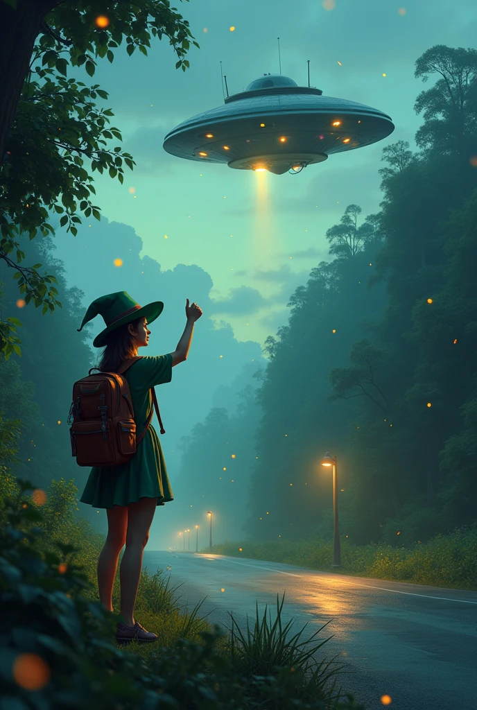 A road with lots of vegetation, a female traveler with a backpack on her back and a leprechaun hat, levantando el dedo pulgar 👍🏼 pidiendo un aventon a un ovni en el anochecer con luciérnagas en el aire