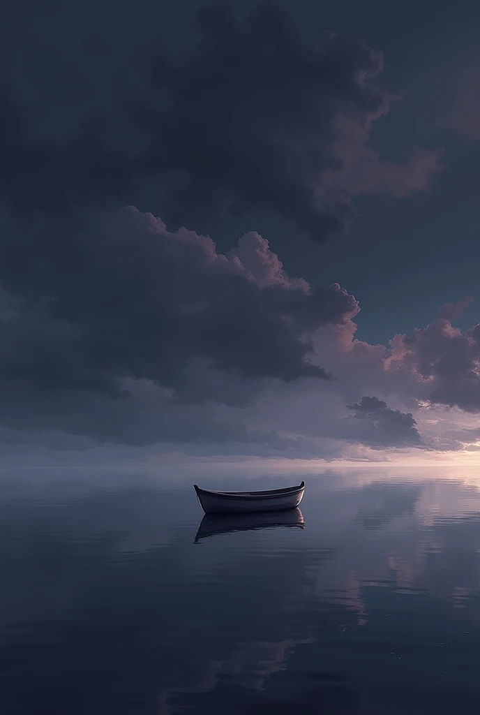 undisturbed water on the ground reflecting the black-purple clouds from the sky. there's a boat on the water staying still. the boat is closer to the frame, make the scenery a little more dark.