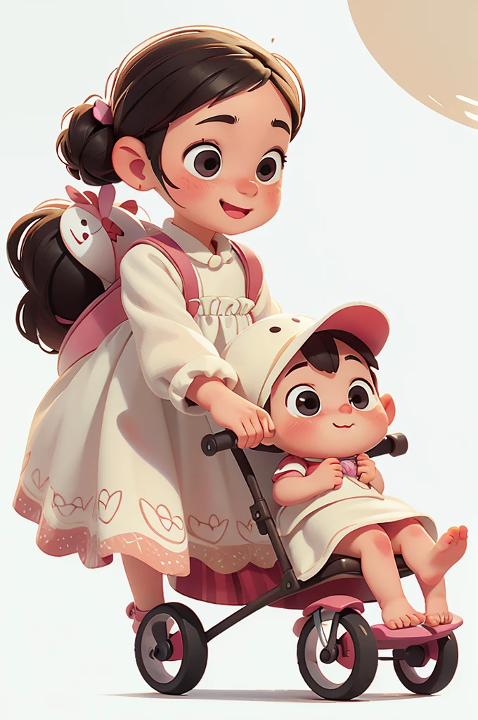 Perfect anatomy, 1 girl, with white background, pushing a baby stroller, a stuffed toy, wearing a dress, happy and looking at the camera, cute appearance, barefoot