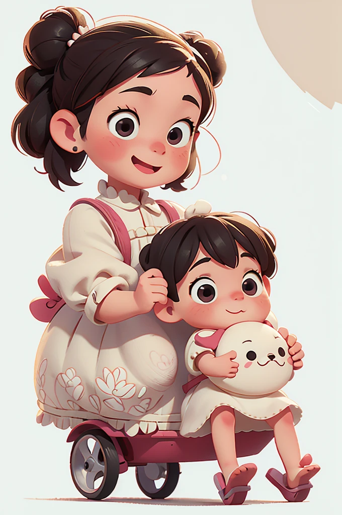 Perfect anatomy, 1 girl, with white background, pushing a baby stroller, a stuffed toy, wearing a dress, happy and looking at the camera, cute appearance, barefoot