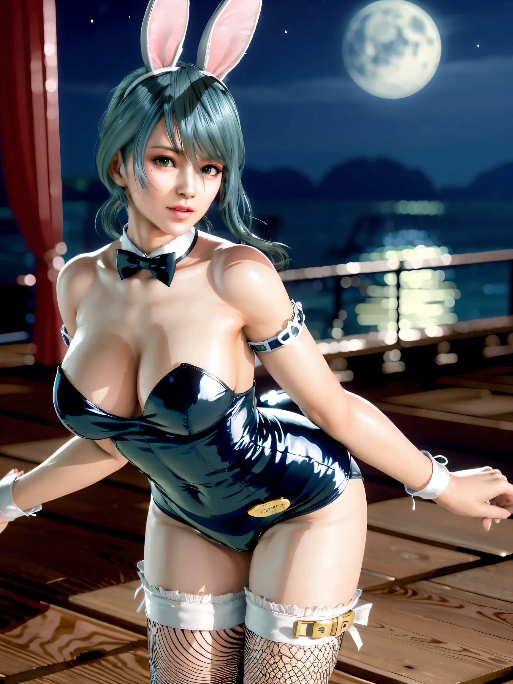 leaning forward,(bunny girl:1.3), (bunny suits:1.3), (bunny girl costume:1.3), (latex strapless black leotard:1.4), (She only wears white cuffs on her wrists:1.5), (bowtie:1.4), (bunny girl tail:1.4), (Fishnet tights that are too coarse:1.3), (Huge and luxurious casino hall:1.5), (night:1.5),masterpiece, best quality, HD, 8K, Ultra- high resolution, Extreme Detail, Super detailed, beautiful eyes, beautiful hair, Beautiful side, beautiful skin, curvy, Tamaki, Cosmic Eyes,