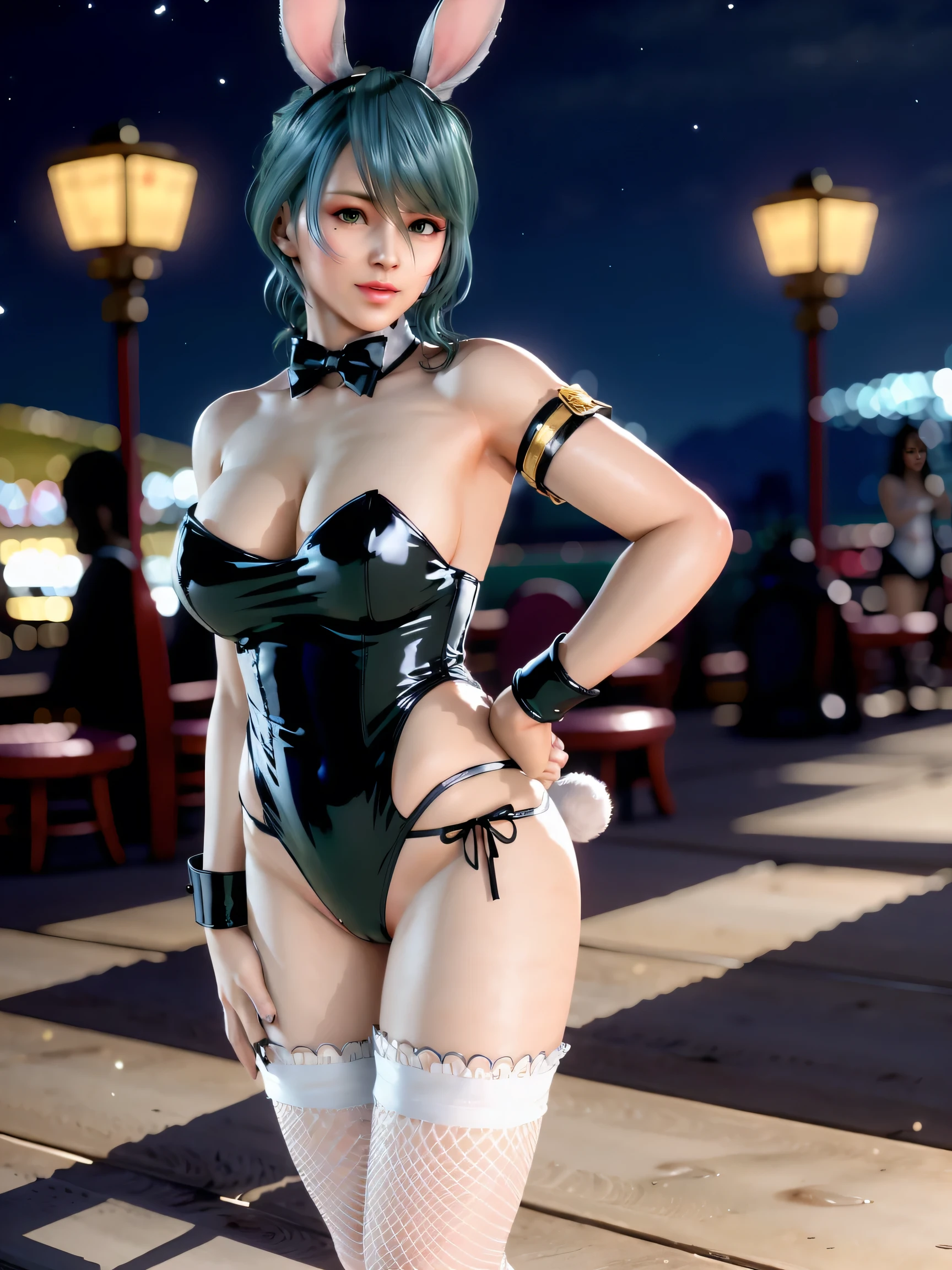 leaning forward,(bunny girl:1.3), (bunny suits:1.3), (bunny girl costume:1.3), (latex strapless black leotard:1.4), (She only wears white cuffs on her wrists:1.5), (bowtie:1.4), (bunny girl tail:1.4), (Fishnet tights that are too coarse:1.3), (Huge and luxurious casino hall:1.5), (night:1.5),masterpiece, best quality, HD, 8K, Ultra- high resolution, Extreme Detail, Super detailed, beautiful eyes, beautiful hair, Beautiful side, beautiful skin, curvy, Tamaki, Cosmic Eyes,