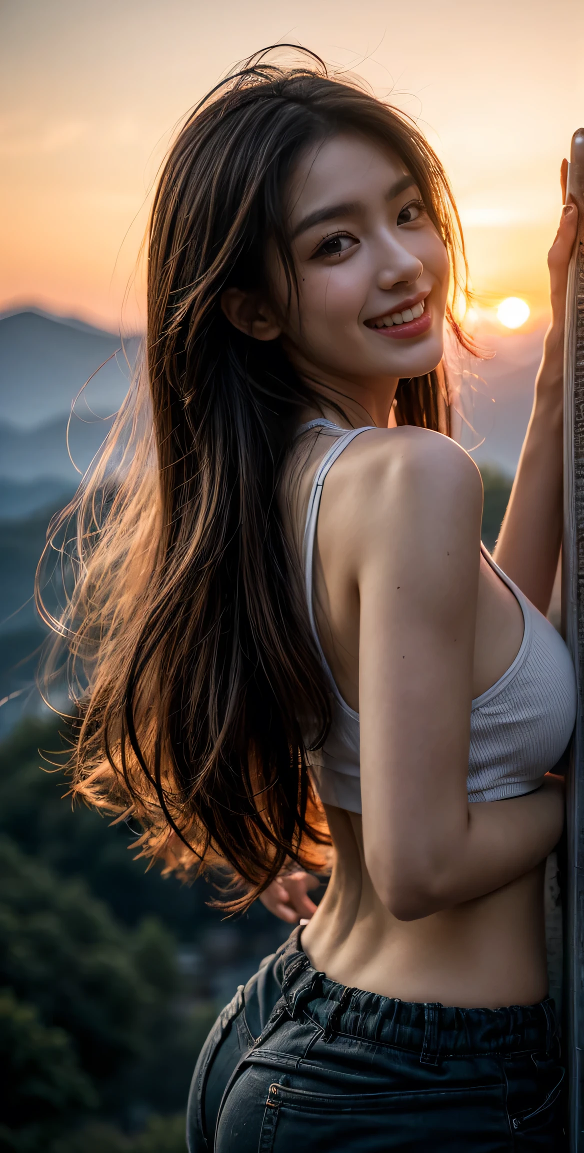 NSFW, ray tracing, radio city, Anisotropic filtering, 16,000, best quality, 1 girl, alone, mature, beautiful climber, Hiking clothes, gradient long hair, mountaineering equipment、laugh、orange sunset、big bust、valley