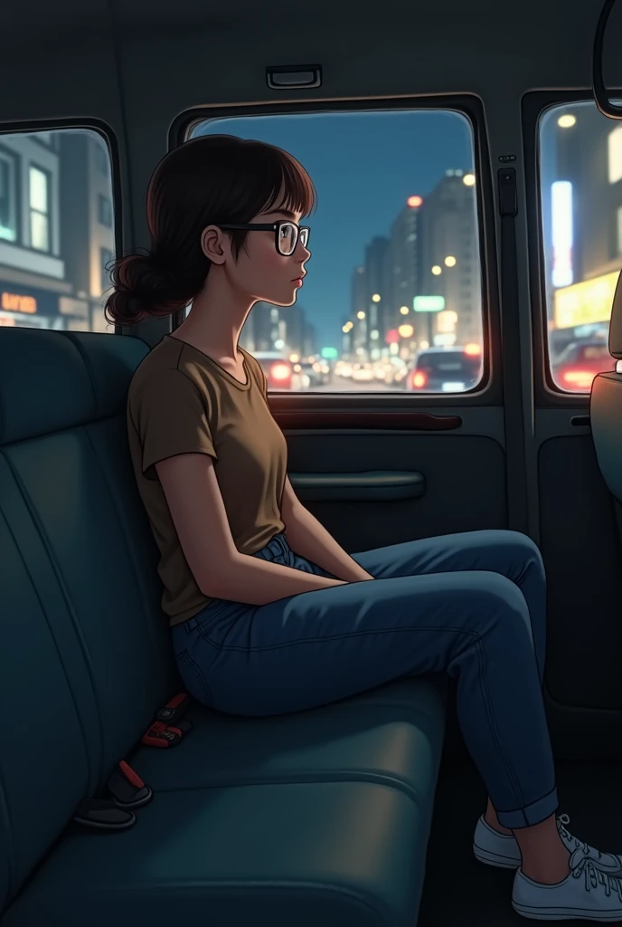 At night, a girl wearing a brown top, jeans and glasses is sitting in the third last row of a taxi and thinking about a boy wearing a dark blue shirt, jeans and white shoes.