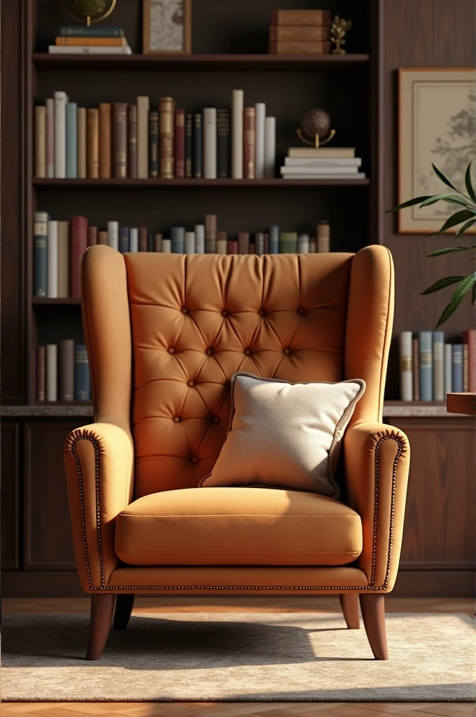 Generate and show only the front of the armchair and behind it place a bookshelf 
