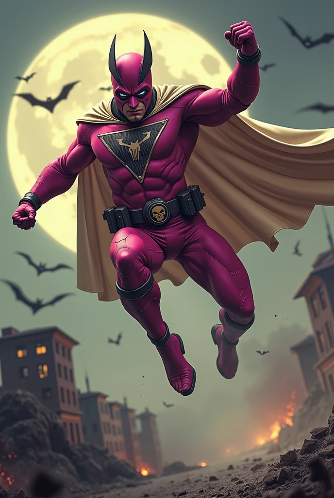 Malaysia man in high-tech suit, vivid effects, malaysian superhero(( (KELUANG MAN)) in a striking pink and brown beige costume cyberpunk design((, mask small mini bat ear beige,)) daredevil beige mask, jumpsuit dark pink stands confidently in a dramatic.jumping from high place.hero costume.one hand rise up. (Big triangle logo on the chest.high detail Punisher logo on the chest)). jumping from hight place. Fighting pose , stormy landscape. ((Head covered node guard like batman. Running pose , athletic body type, small mini ear bat mask))The character wears domino mask a helmet with pointed mini torn ears and a flowing cape biege, open nose and mouth. Equipped with visible futuristic weapons on a belt,bullet proof jacket pink dark day.show fingers pose, dark night, big supermoon effect . Small logo on chest triangle shape small ((mitch gerads punisher ))logo center triangle cyber logo center on chest pink logo mini logo . rocky. Building top.smoke ground , bomb effect background, losse pants, losses costume.adding to --ar 3:4 --style raw --stylize 500 --v 6.1. chaos. Lot of small flying bat. One leg on the high stone. Man. Backpack . Real man age 40 year old. One hand holding belt. Jump from high place. Open cape.