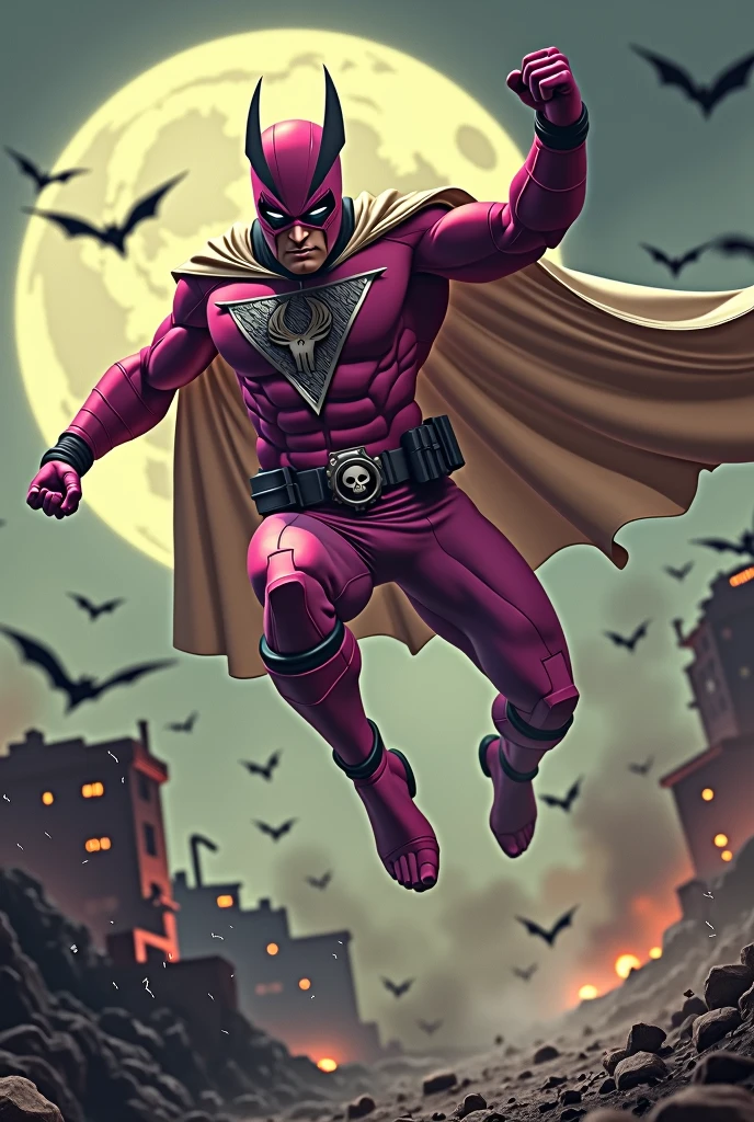 Malaysia man in high-tech suit, vivid effects, malaysian superhero(( (KELUANG MAN)) in a striking pink and brown beige costume cyberpunk design((, mask small mini bat ear beige,)) daredevil beige mask, jumpsuit dark pink stands confidently in a dramatic.jumping from high place.hero costume.one hand rise up. (Big triangle logo on the chest.high detail Punisher logo on the chest)). jumping from hight place. Fighting pose , stormy landscape. ((Head covered node guard like batman. Running pose , athletic body type, small mini ear bat mask))The character wears domino mask a helmet with pointed mini torn ears and a flowing cape biege, open nose and mouth. Equipped with visible futuristic weapons on a belt,bullet proof jacket pink dark day.show fingers pose, dark night, big supermoon effect . Small logo on chest triangle shape small ((mitch gerads punisher ))logo center triangle cyber logo center on chest pink logo mini logo . rocky. Building top.smoke ground , bomb effect background, losse pants, losses costume.adding to --ar 3:4 --style raw --stylize 500 --v 6.1. chaos. Lot of small flying bat. One leg on the high stone. Man. Backpack . Real man age 40 year old. One hand holding belt. Jump from high place. Open cape.