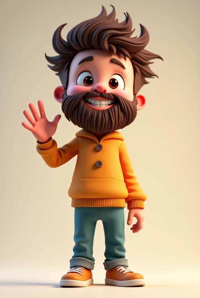 boy, full beard, teased hair, face, 3d cartoon, waving his one hand show full body
