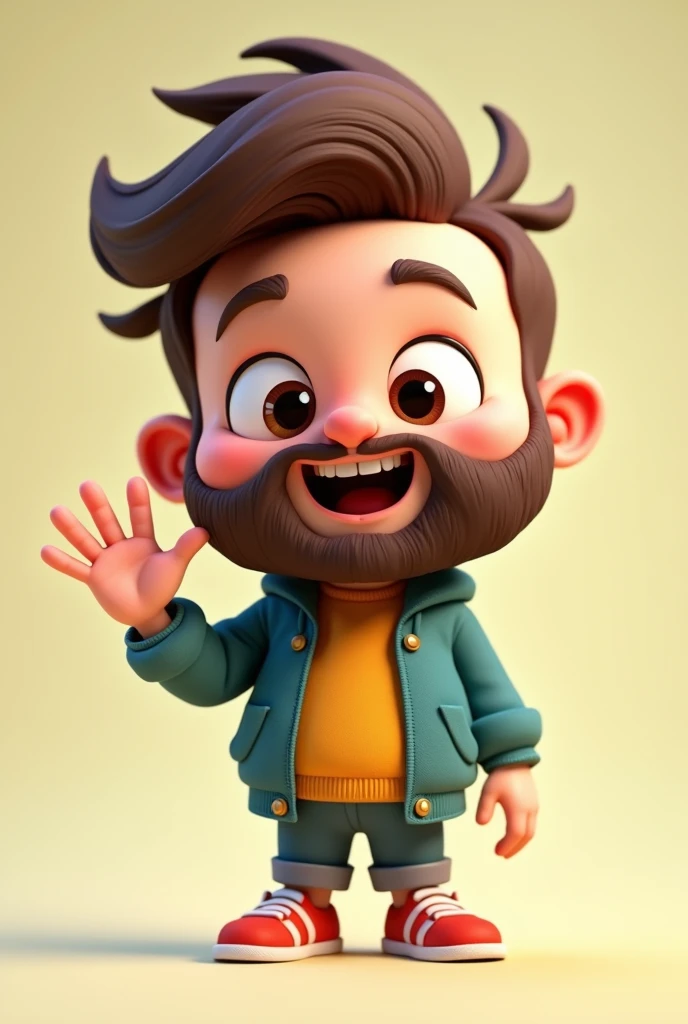 boy, full beard, teased hair, face, 3d cartoon, waving his one hand show full body