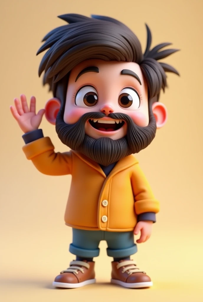 boy, full beard, teased hair, face, 3d cartoon, waving his one hand show full body