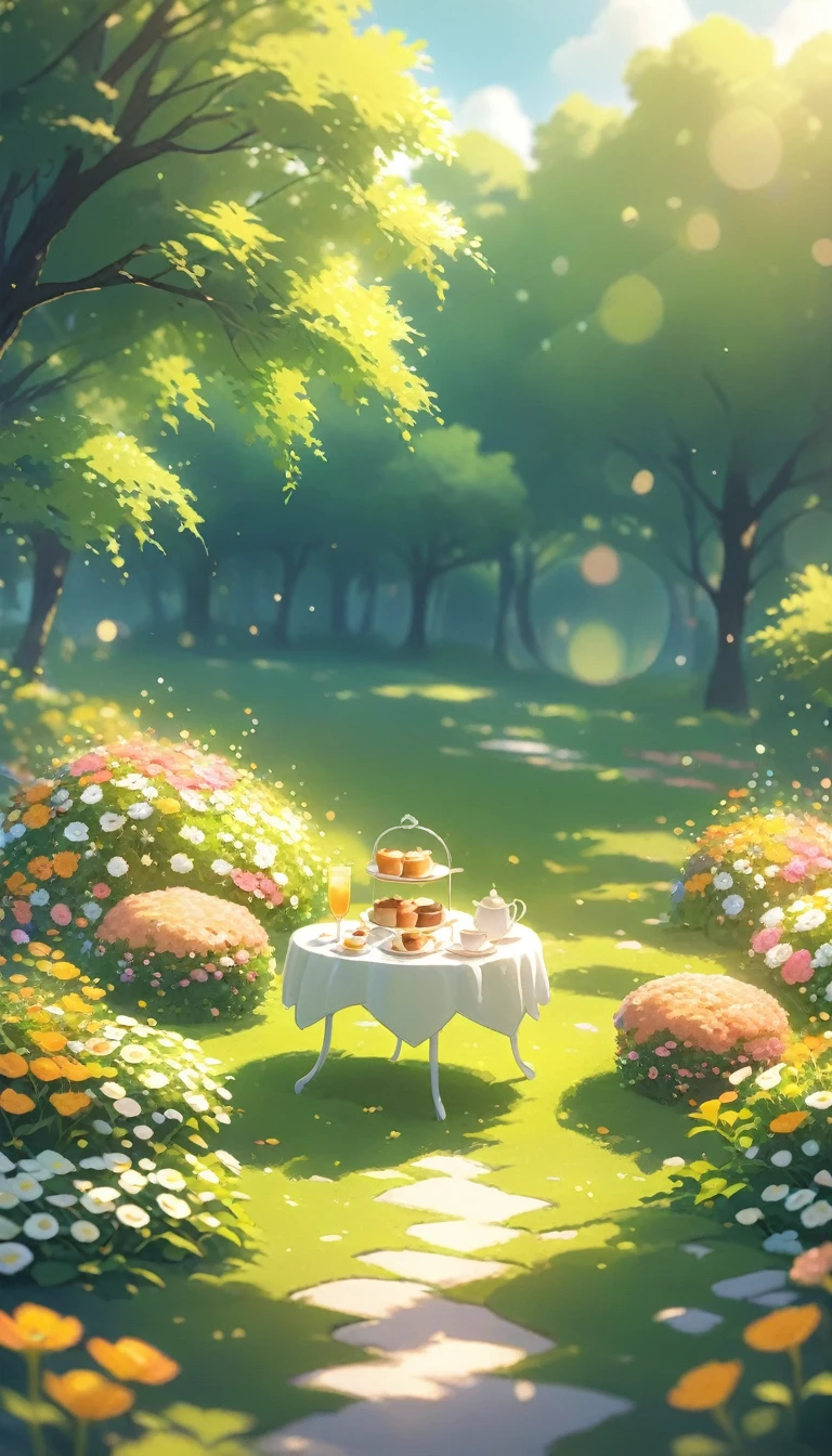 landscape Afternoon Tea, Flower garden Cozy,Orange Pink ,There are no human characters,No people