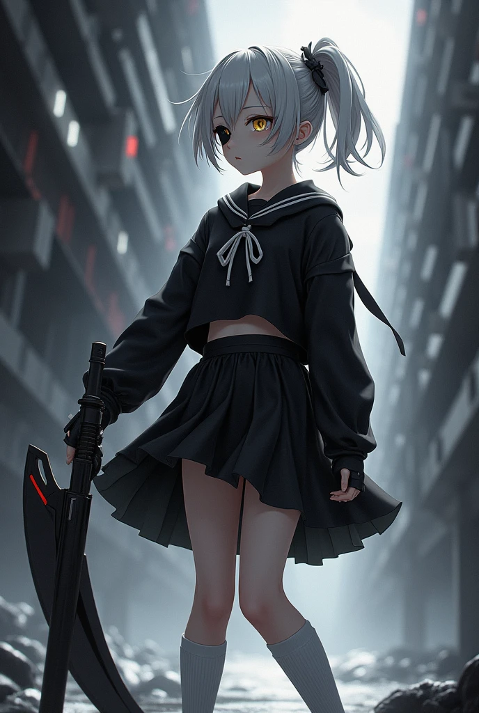Medium height White short ponytail anime girl Determine yellow eye color with black eye patch wearing black school uniform, short skirt, long white sock, tactical glove wielding a futuristic scythe. Black and white color