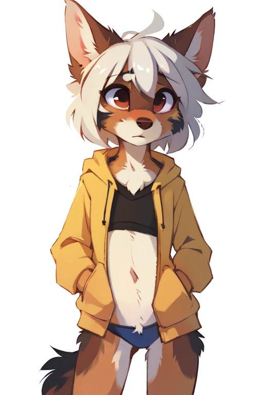 (((White background, no background))), High quality, 8K, by kenket, by swaybat, by reysi, by Zackary911, by hyattlen, by teranen, by fumiko, by Pixelsketcher, by Bayard Wu, by Einshelm, by Kilinah, by Hioshiru, by fluff-kevlar, by Dimwitdog, Furry, Anthro, solo, ((australian shepard)), ((female)), ((young)), fluffy tail, ((slender)), ((short white hair)), chest fluff, short, small breasts, blue panties, oversized long yellow hoodie, embarrassed, 