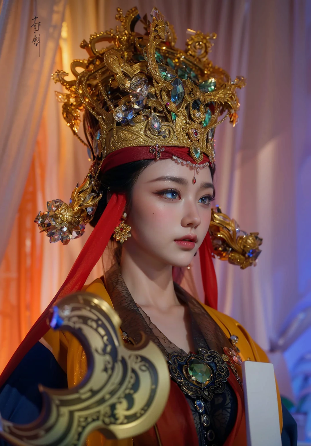 Game Art，Best image quality，Maximum resolution，8K，(A bust photo)，(portrait)，(Head close-up)，(Rule of Thirds)，Unreal Engine 5 rendering works，20 year old girl，((Queen))，The eyes are very detailed，(Large Breasts)，Elegance and nobility，Light，Light线追踪，Game CG，((3D Unreal Engine))，OC rendering reflection mode，4K，Ultra-clear，Sensual，Translucent lace，Fair and plump figure，Pretty Face，Light泽凝胶涂层，身着华贵礼服的Queen，Crystal Gem Crown，Necklace jewelry，blue eyes，The tattoo is very three-dimensional，Gorgeous and intricate tattoo designs，Ultra-clear portrait，Sexy body，Temple Princess，Swarovski crystal diamond，Heart of the Universe Gem，Delicate facial makeup，The Chinese Empress wore an extremely luxurious gold and gem-carved crown