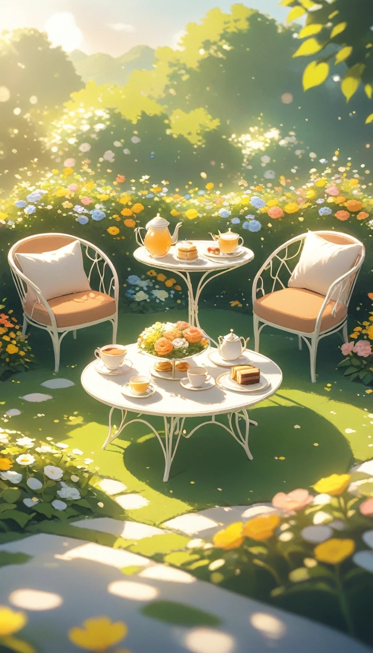 landscape Afternoon Tea, Flower garden Cozy,Orange Pink ,There are no human characters,No people