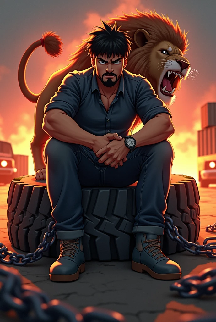 Create a anime style landscape image. Anime ,Dramatic and intense digital anime artwork featuring a 20 year boy with a stern expression, sitting on a large tire with chains. He has a medium skin tone, a thick beard, and tousled dark hair. He is dressed in a dark shirt and jeans, holding a large wrench. Behind him, there is a roaring lion with a majestic mane, adding to the fierce atmosphere. The background is filled with an orange and red fiery glow, with industrial elements like containers and a car with headlights on. The overall composition is dynamic and powerful, emphasizing strength and determination.