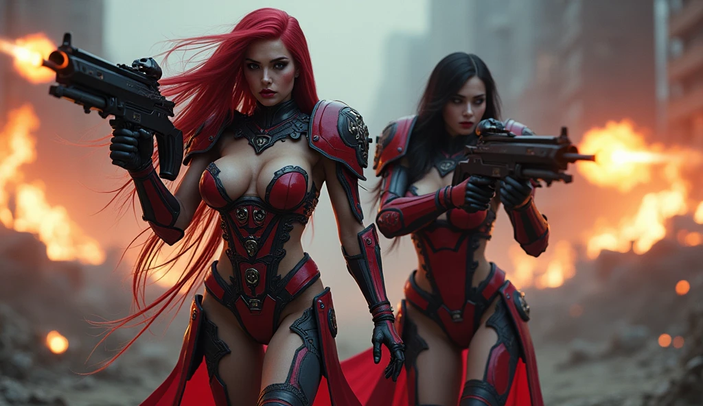three women in red and black outfits holding guns in a city, lady in red armor, red armor, alena aenami and artgerm, fantasy style 8 k octane render, blood red armor, cinematic cgsociety, silver armor and red clothing, katarina from league of legends, shot from cinematic, diablo 4 queen, diablo 4 lilith, red leather armor