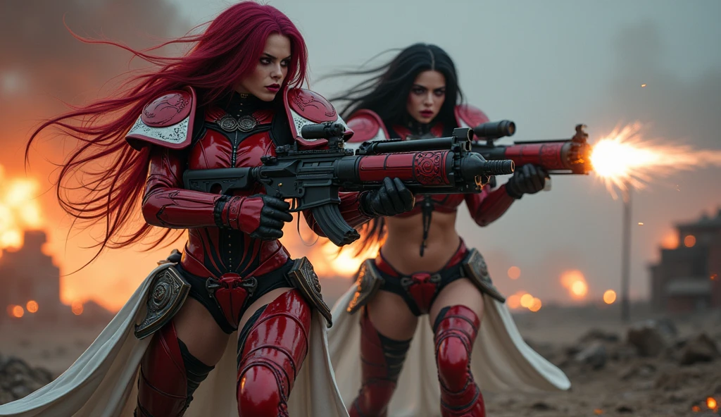 Full body pose sexy sisters of battle from the warhammer 40k, shooting at the enemy, red space marine armor with intricate details, white space marine armor with intricate details, symbols on the armor, sisters of battle, warhammer 40k, Massive exposed silicone breast, pale skin, seductive, temptation, eat your soul, clevage, long red flowing hair, long black flowing hair with purple highlights, heavy gothic makeup, at night, neon, beautiful detailed eyes, beautiful detailed lips, extremely detailed eyes and face, long eyelashes, highly detailed armor, intricate futuristic weaponry, dramatic lighting, cinematic composition, muted color palette, gritty and realistic, mecha, science fiction, hyper-detailed, photorealistic, award winning digital art, 8k, HDR, masters work, in the middle of a battle field, full body combat action pose, explosions and fire around, full war, stunning, Stilleto heels, high heels, full body pose, cinematic, movie trailer, final stand!, nemesis, ready to strike, dust and debree, combat screams, attacking, shooting at the enemy, running forward, last line of defense, charging, fanatic, religious, templar knights, sisters of battle, warhammer 40k, shooting at the enemy, bimbo gigantic exposed breast, jetpacks, space marine, stilleto heels, cinematic light, cameltoe pussy, beautiful pussy, wet pussy, wet body, oiled body, gigantic breast, dynamic super sexy combat action pose
